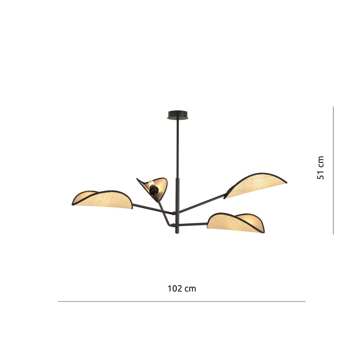 Czarna lampa sufitowa Vene 4-punktowa z rattanowymi kloszami, o wymiarach 102 cm szerokości i 51 cm wysokości. Klosze w kształcie liści, z metalowym wykończeniem, zawieszone na cienkiej konstrukcji. Idealna do nowoczesnych wnętrz.