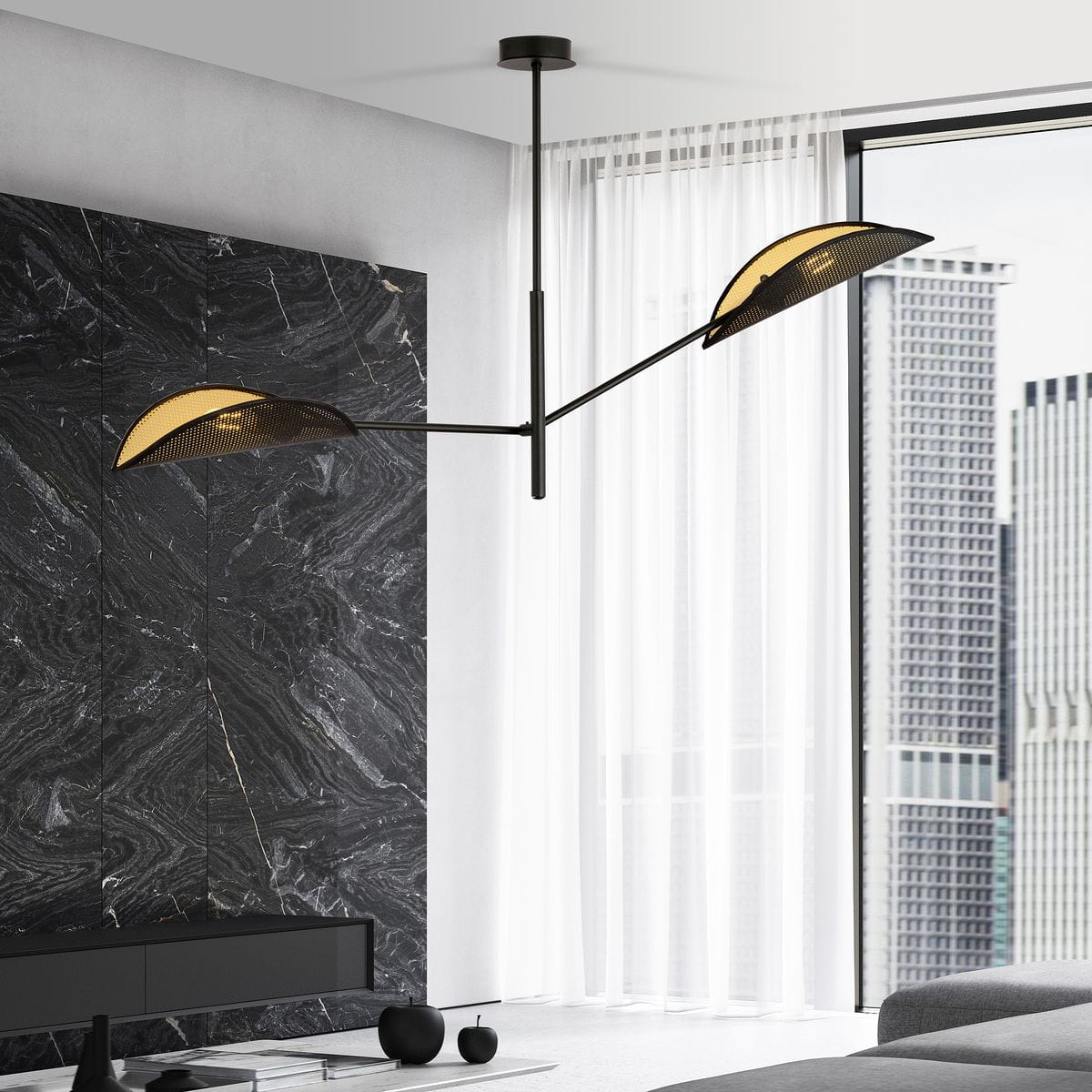 Lampa sufitowa Vene 2-punktowa w kolorze czarnym z złotymi kloszami, zawieszona w nowoczesnym wnętrzu. Klosze mają opływowy kształt, a całość utrzymana jest w minimalistycznym stylu, idealna do eleganckich aranżacji.