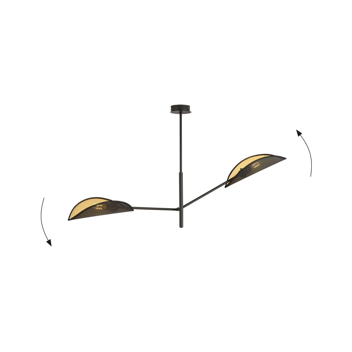 Lampa sufitowa Vene 2-punktowa w kolorze czarnym z złotymi kloszami, zawieszona na cienkim metalowym stelażu. Klosze mają półokrągły kształt i są regulowane, co umożliwia ich ustawienie pod różnymi kątami. Tło zdjęcia jest proste i białe.