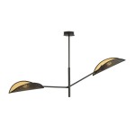 Lampa sufitowa Vene 2-punktowa w kolorze czarnym i złotym, o nowoczesnym kształcie z dwoma półkolistymi kloszami. Ujęcie z boku, zawieszona na cienkim stelażu. Klosze mają perforowaną strukturę, co dodaje tekstury.