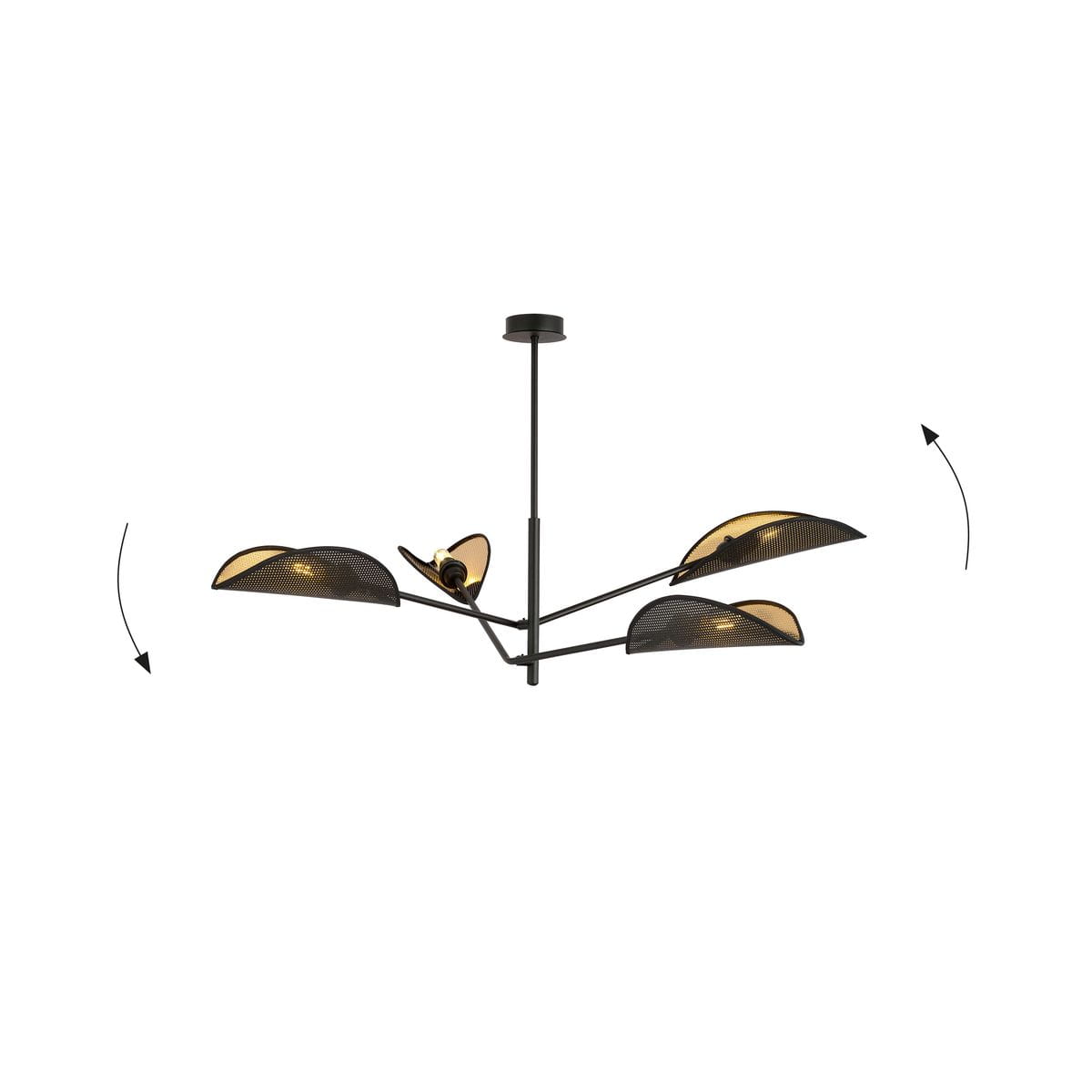 Czarna lampa sufitowa Vene 4-punktowa z metalowymi kloszami w złotym kolorze. Ujęcie z góry, wisząca, z delikatnymi, asymetrycznymi ramionami. Klosze w formie liści, lekko odchylone, zapewniające efektowne rozproszenie światła.