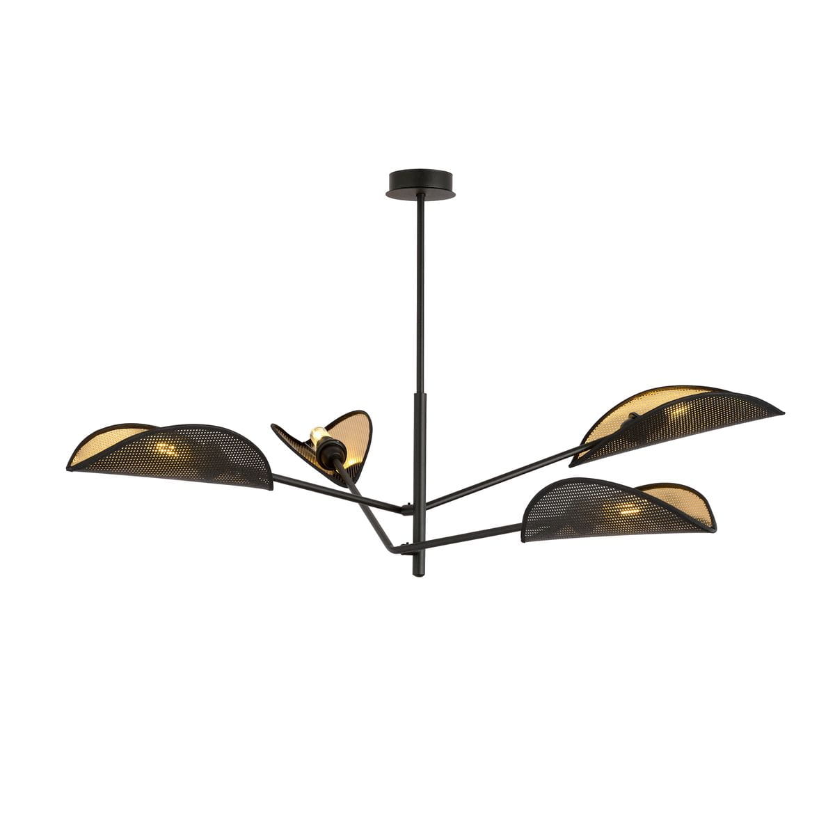 Lampa sufitowa Vene 4-punktowa w kolorze czarnym i złotym, z metalowymi kloszami w kształcie liści. Klosze mają perforowaną strukturę, a lampa jest zawieszona na cienkim, czarnym przewodzie. Idealna do nowoczesnych wnętrz.