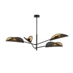 Lampa sufitowa Vene 4-punktowa w kolorze czarnym i złotym, z metalowymi kloszami w kształcie liści. Klosze mają perforowaną strukturę, a lampa jest zawieszona na cienkim, czarnym przewodzie. Idealna do nowoczesnych wnętrz.