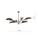 Lampa sufitowa Vene 6-punktowa w kolorze czarnym i złotym. Posiada sześć asymetrycznych kloszy o kształcie liści, zamontowanych na cienkim stelażu. Wymiary: 102 cm szerokości, 51 cm wysokości. Produkt wiszący, idealny do nowoczesnych wnętrz.