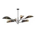 Lampa sufitowa Vene, 6-punktowa w kolorze czarnym i złotym, z metalowym stelażem i perforowanymi kloszami w kształcie liści. Produkt zawieszony na długim przewodzie, z widocznymi miejscami na źródła światła w każdej z osłon.