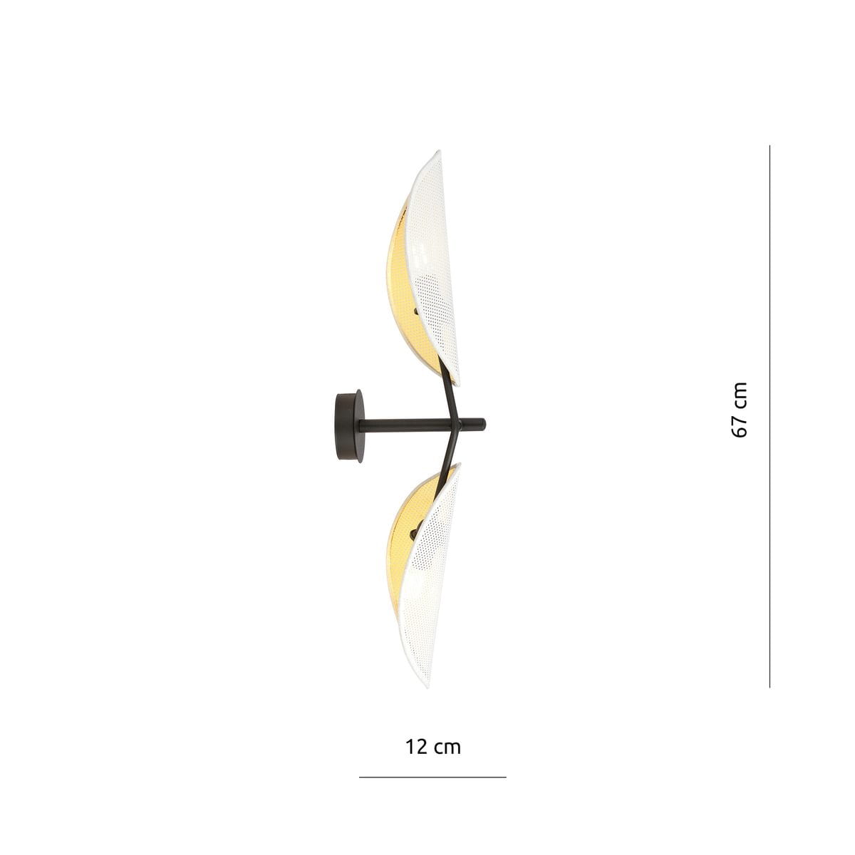 Kinkiet 2-punktowy Vene w kolorze białym i złotym, z metalową podstawą w czarnym odcieniu. Posiada dwa klosze w kształcie półksiężyca, zewnętrznie białe, wewnętrznie złote. Wymiary: 67 cm wysokości, 12 cm szerokości. Zamontowany na ścianie.