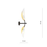 Kinkiet 2-punktowy Vene w kolorze białym i złotym, z metalową podstawą w czarnym odcieniu. Posiada dwa klosze w kształcie półksiężyca, zewnętrznie białe, wewnętrznie złote. Wymiary: 67 cm wysokości, 12 cm szerokości. Zamontowany na ścianie.