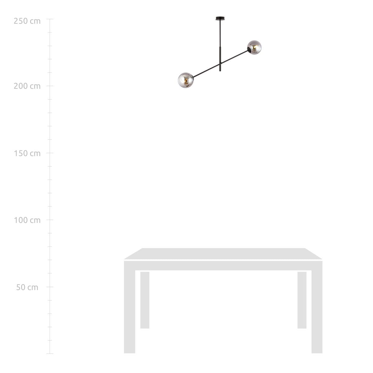 Linear lampa wisząca 2-punktowa w kolorze czarnym i grafitowym, zawieszona poziomo z dwoma okrągłymi kloszami. Ujęcie z przodu, pokazujące długość lampy w kontekście wysokości nad stołem. Czyste tło, bez dodatkowych elementów.