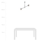 Linear lampa wisząca 2-punktowa w kolorze czarnym i grafitowym, zawieszona poziomo z dwoma okrągłymi kloszami. Ujęcie z przodu, pokazujące długość lampy w kontekście wysokości nad stołem. Czyste tło, bez dodatkowych elementów.