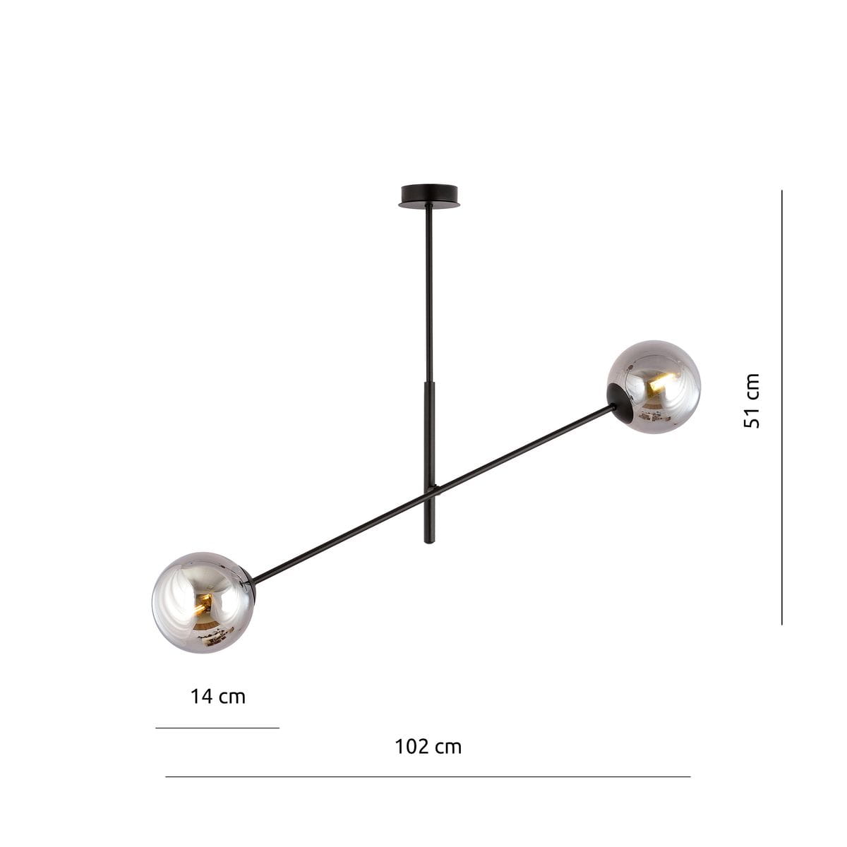 Linear lampa wisząca 2-punktowa w kolorze czarnym i grafitowym, z dwiema okrągłymi kloszami o średnicy 14 cm, zawieszona na cienkim, prostym ramieniu. Wymiary: długość 102 cm, wysokość 51 cm. Idealna do nowoczesnych wnętrz.