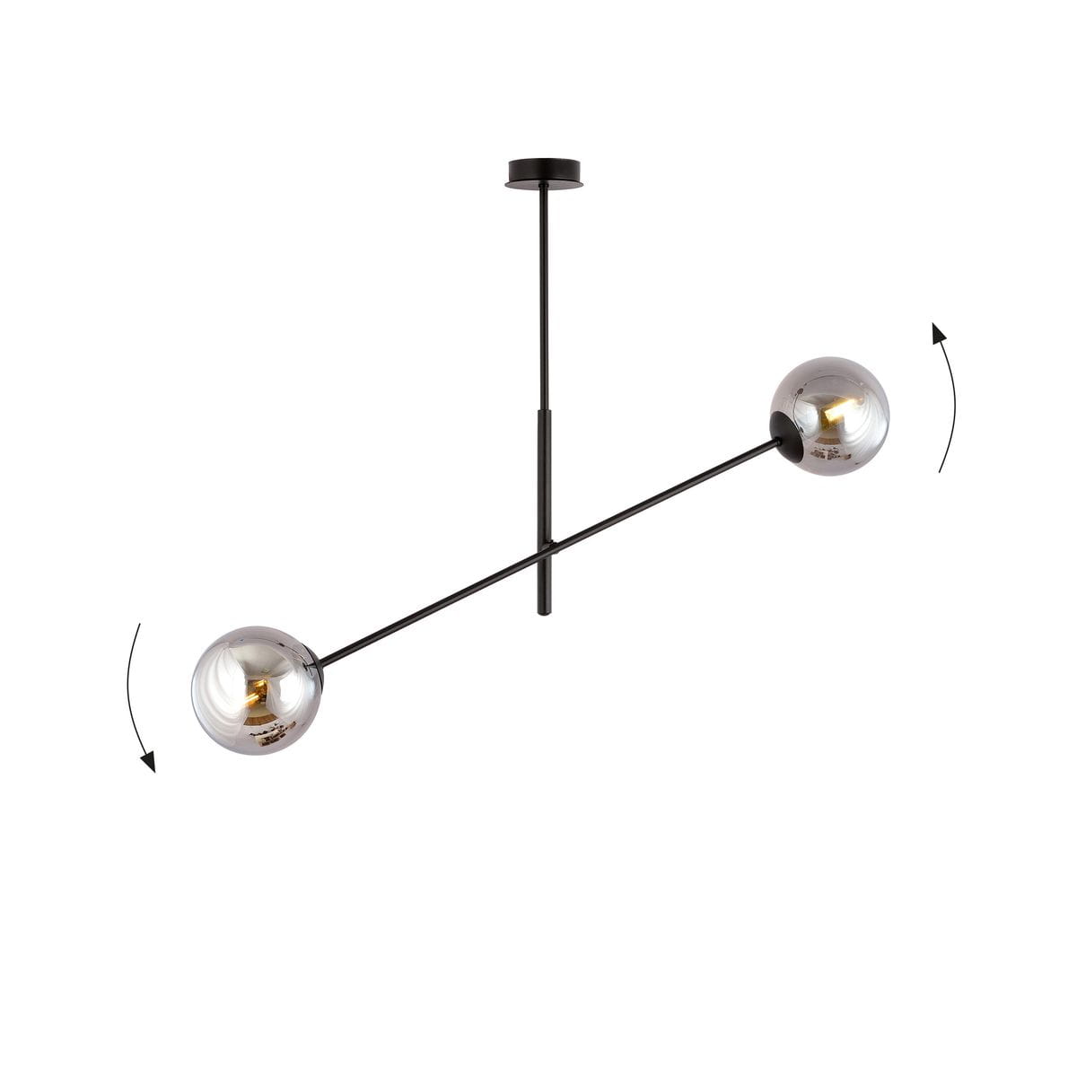 Lampa wisząca Linear 2-punktowa, czarna i grafitowa, z dwoma kulistymi kloszami w kolorze chromu. Ułożona poziomo, z możliwością regulacji kąta. Prosta konstrukcja, metalowy stelaż, idealna do nowoczesnych wnętrz.