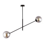 Lampa wisząca Linear 2-punktowa w kolorze czarnym i grafitowym. Posiada dwa szklane klosze w kształcie kul, umieszczone na długich, prostych ramionach. Ujęcie z góry, produkt zawieszony na suficie, minimalistyczny design.