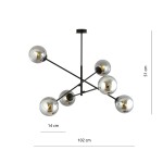 Lampa wisząca Linear 6-punktowa w kolorze czarnym i grafitowym. Posiada sześć chromowanych kul o średnicy 14 cm, zamontowanych na rozłożystych ramionach. Wymiary: 102 cm długości, 51 cm wysokości. Idealna do nowoczesnych wnętrz.