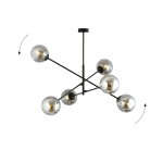 Lampa wisząca Linear 6-punktowa w kolorze czarnym i grafitowym. Konstrukcja z sześcioma kulistymi kloszami w metalicznym wykończeniu, umieszczonymi na czarnych ramionach. Ujęcie z przodu, wisząca, na jednolitym tle.
