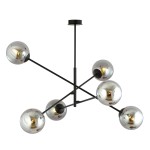 Lampa wisząca Linear 6-punktowa w kolorze czarnym i grafitowym. Obejmuje sześć kulistych kloszy z lustrzanym wykończeniem, zamontowanych na cienkich, czarnych ramionach. Produkt zawieszony na prostym, okrągłym mocowaniu sufitowym.