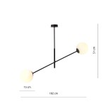 Lampa wisząca Linear 2-punktowa w kolorze czarnym i białym, z dwoma okrągłymi kloszami o średnicy 15 cm, zawieszona na cienkim, czarnym wsporniku. Wymiary: długość 102 cm, wysokość 51 cm. Idealna do nowoczesnych wnętrz.