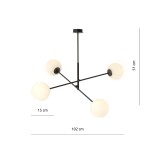 Lampa wisząca Linear 4-punktowa w kolorze czarnym i białym, składająca się z czterech kulistych kloszy na metalowych ramionach. Wymiary: długość 102 cm, wysokość 51 cm, średnica kloszy 15 cm. Produkt zawieszony na sufitowym mocowaniu.