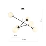 Lampa wisząca Linear 6-punktowa w kolorze czarnym i białym, z sześcioma okrągłymi kloszami o średnicy 15 cm. Ułożona w geometryczny kształt, wisi na wysokości 51 cm, z rozstawem ramion wynoszącym 102 cm.