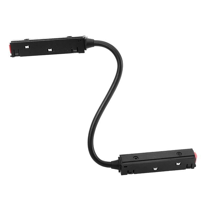 Łącznik elektryczny elastyczny do szyn magnetycznych w kolorze czarnym, z dwoma prostokątnymi końcówkami i giętym przewodem, umożliwiający łatwe połączenie elementów oświetleniowych. Ujęcie frontalne, produkt leżący na białym tle.