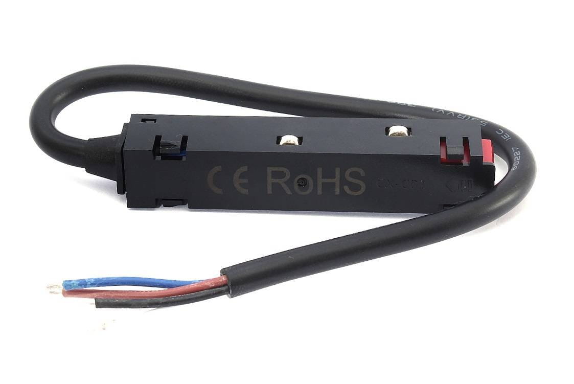 Końcówka do zasilania szyn magnetycznych w kolorze czarnym, prostokątna obudowa z dwoma stykami, przymocowanym czarnym przewodem. Widoczne oznaczenia CE i RoHS. Produkt leży na białym tle.