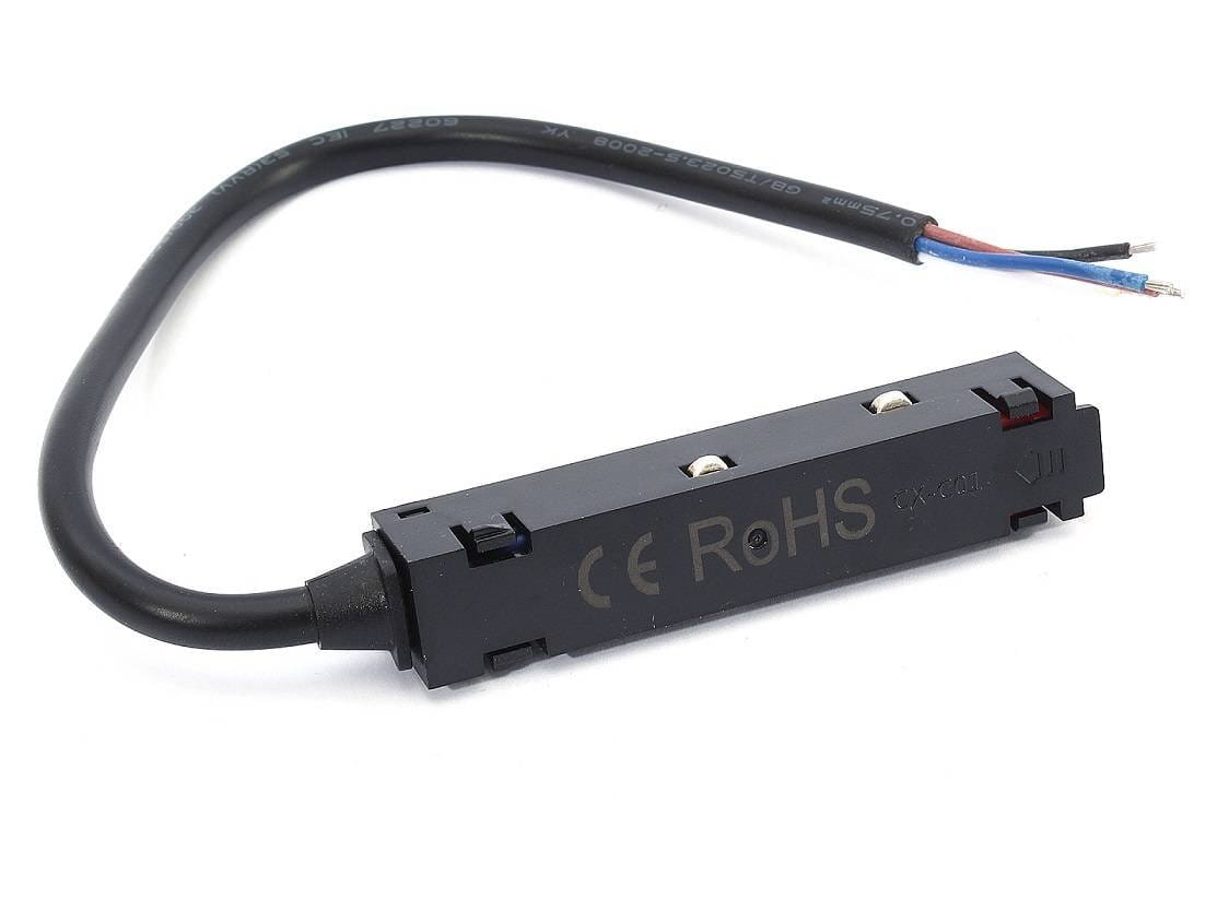 Końcówka do zasilania szyn magnetycznych w kolorze czarnym, z przymocowanym kablem. Produkt ma prostokątny kształt z widocznymi złączami. Ujęcie z boku pokazuje detale, w tym oznaczenia CE i RoHS. Idealna do instalacji oświetleniowych.