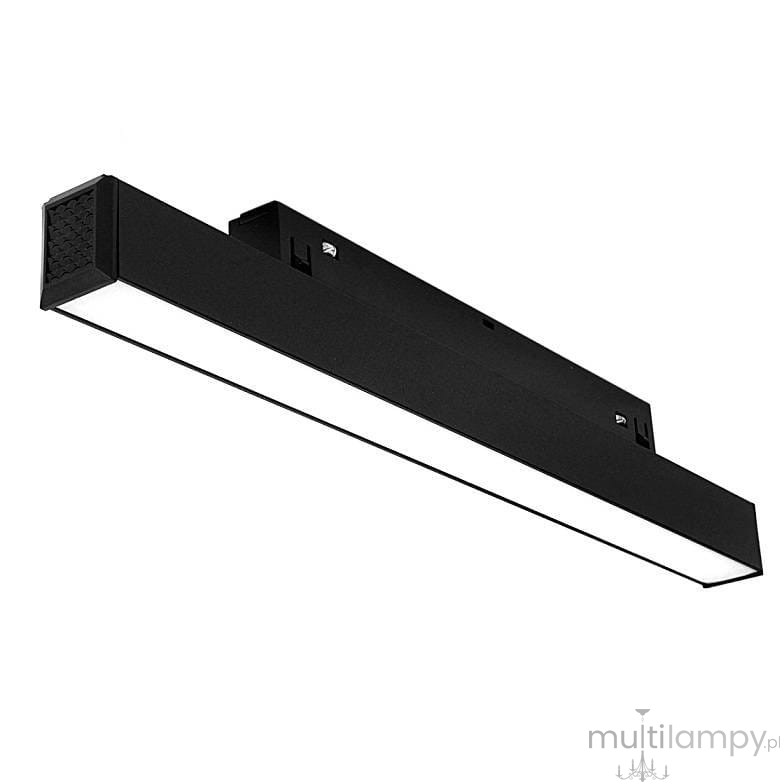 Lampa LED liniowa do szyny magnetycznej, czarna, o długości 30 cm i mocy 12W. Prosty, prostokątny kształt z białym kloszem na dole, zamontowana na górze, idealna do oświetlenia przestrzeni. Zimna temperatura barwowa 4000K.