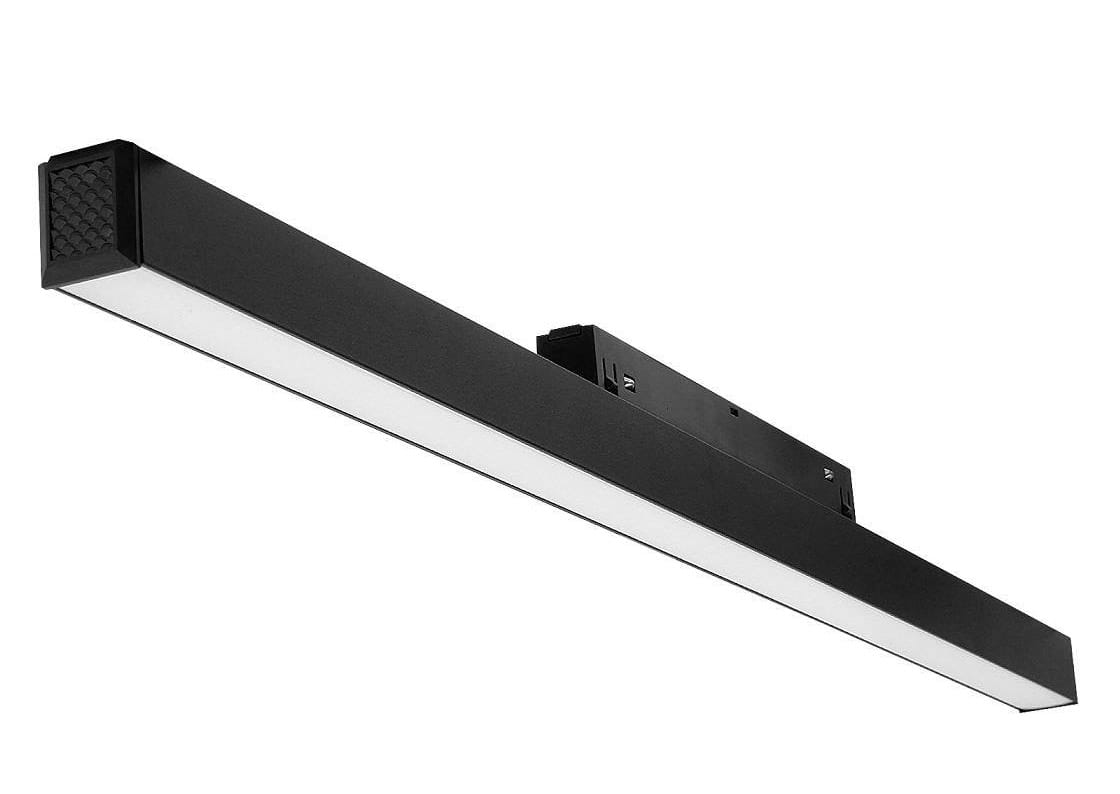 Lampa LED liniowa do szyny magnetycznej, czarna, o długości 60 cm i mocy 20W, z białym dyfuzorem. Ujęcie z boku, wisząca, z widocznym elementem montażowym na górze. Idealna do oświetlenia wnętrz.