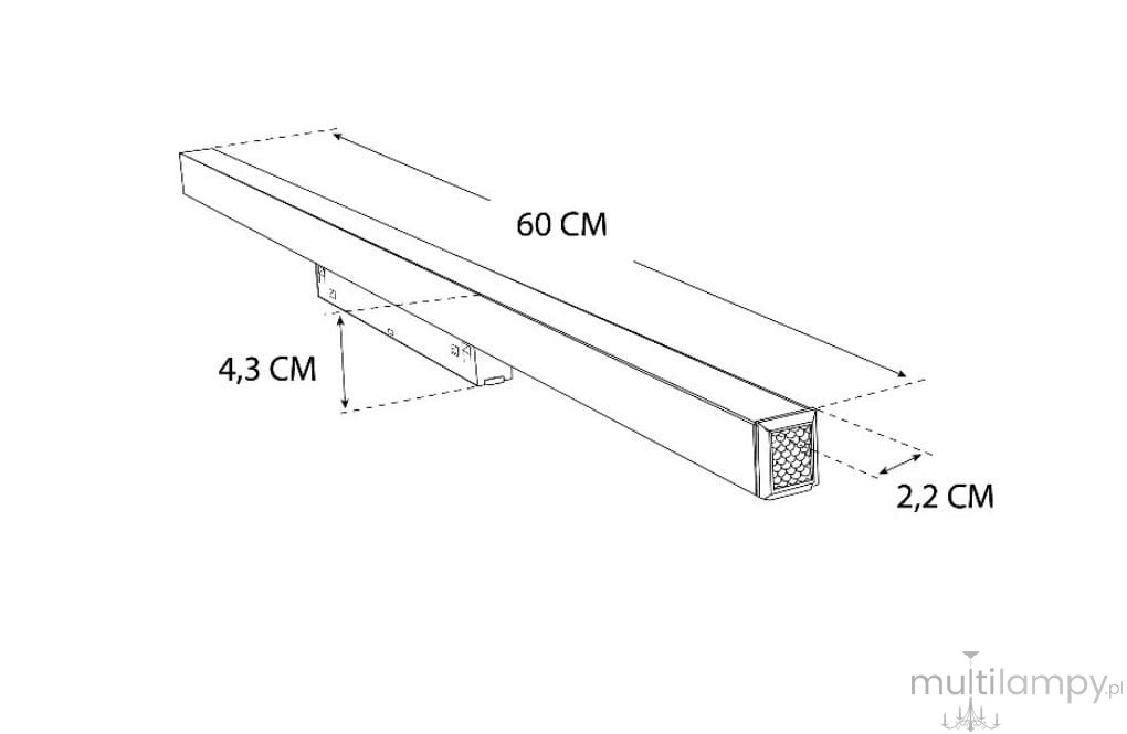 Lampa LED liniowa do szyny magnetycznej, czarna, o długości 60 cm, szerokości 2,2 cm i wysokości 4,3 cm. Prosty, prostokątny kształt z widoczną siatką wewnętrzną. Wymiary podane na schemacie.