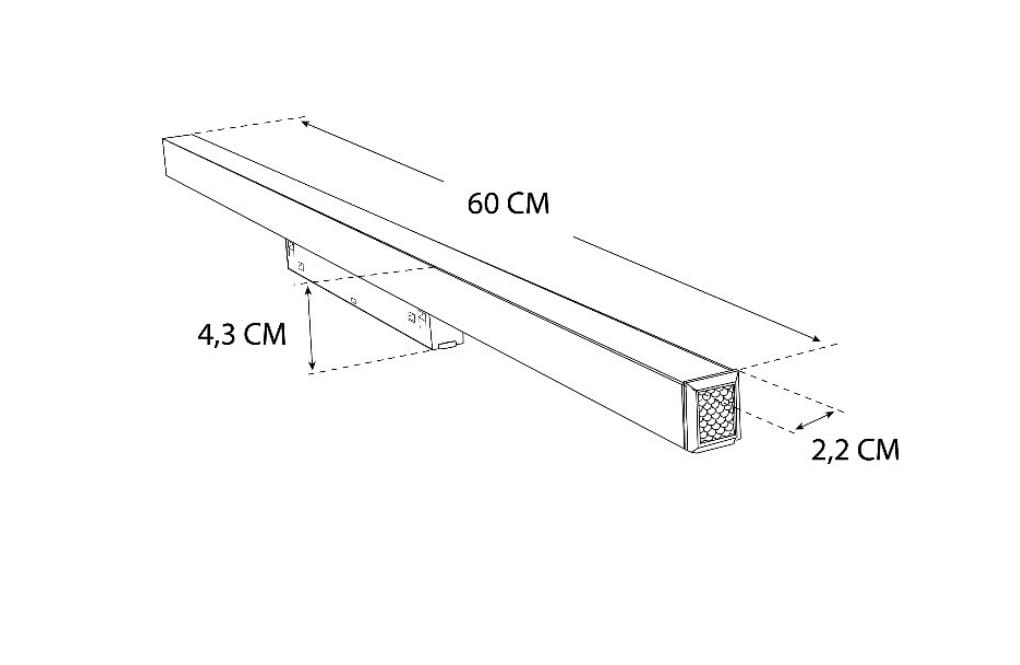 Lampa LED liniowa do szyny magnetycznej, czarna, o wymiarach 60 cm długości, 4,3 cm wysokości i 2,2 cm szerokości. Ujęcie z boku, pokazujące szczegóły konstrukcji i wymiary. Idealna do oświetlenia wnętrz.