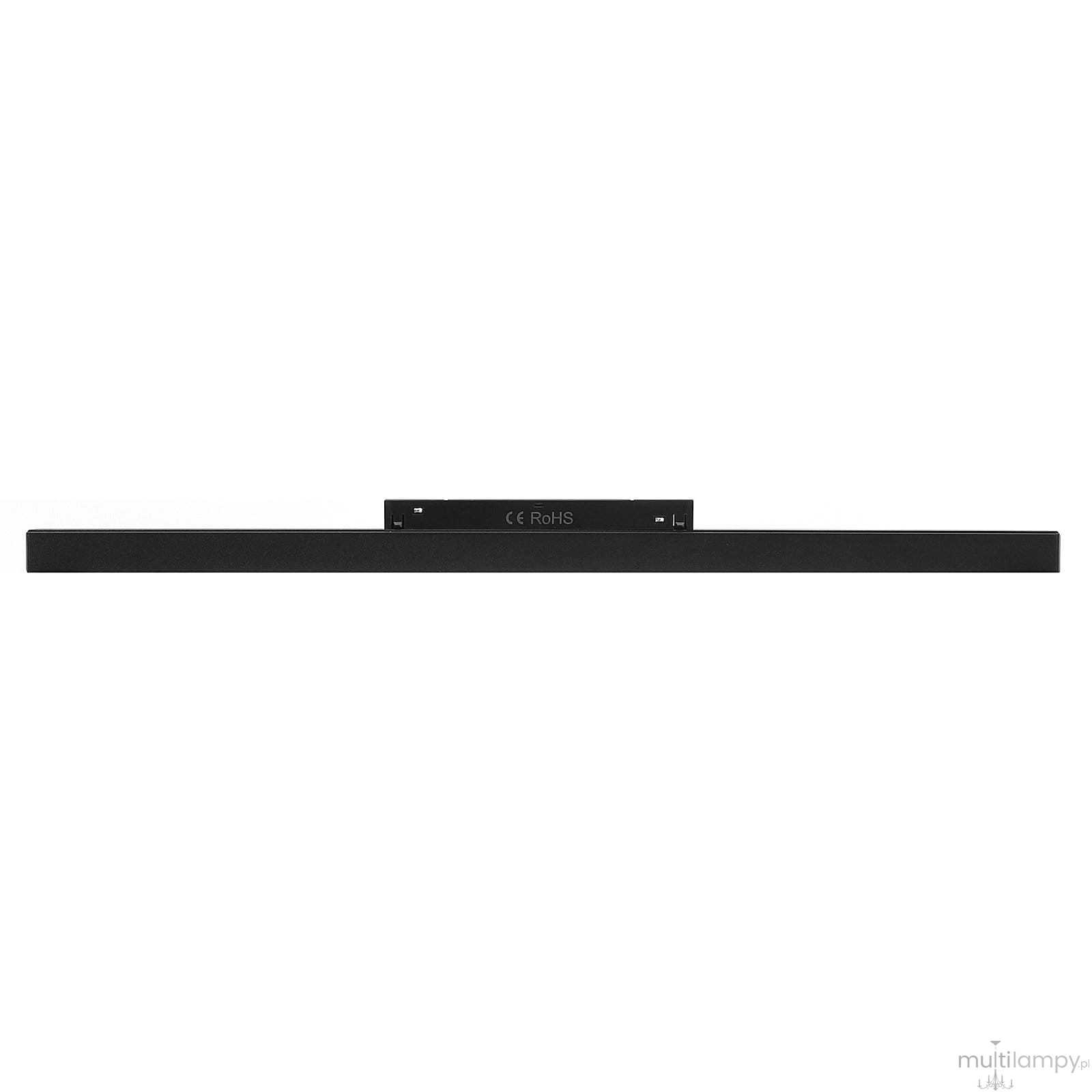 Lampa LED liniowa do szyny magnetycznej, czarna, o długości 90 cm i mocy 30W. Prosty, płaski kształt z widocznym mocowaniem na górze. Źródło światła o temperaturze barwowej 3000K, idealne do oświetlenia wnętrz.
