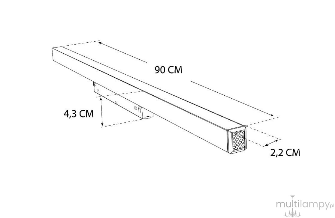 Lampa LED liniowa do szyny magnetycznej, czarna, o długości 90 cm, szerokości 4,3 cm i wysokości 2,2 cm. Widok z boku, ukazujący kąt prostokątny oraz strukturę wewnętrzną. Idealna do oświetlenia przestrzeni.