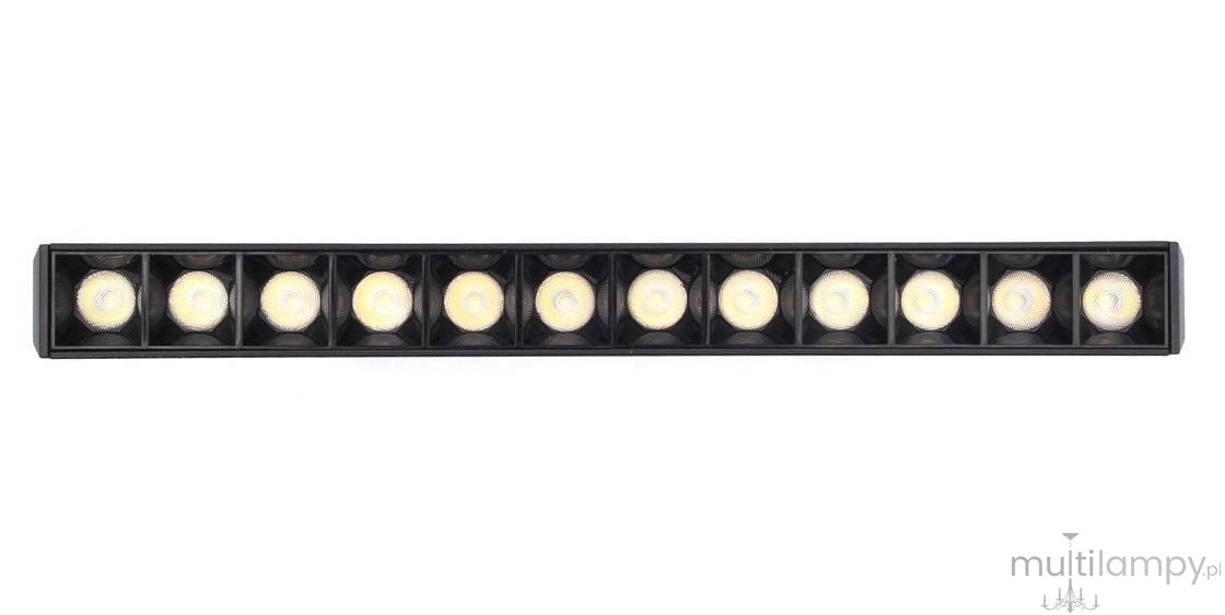 Czarna lampa LED liniowa do szyny magnetycznej, model L22/12W/3000K, z widocznymi okrągłymi źródłami światła, ułożona poziomo. Produkt z prostokątnym korpusem, przeznaczony do montażu nad stołem lub w przestrzeni handlowej.
