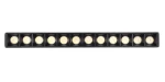 Czarna lampa LED liniowa do szyny magnetycznej, model L22/12W/3000K, z widocznymi okrągłymi źródłami światła, ułożona poziomo. Produkt z prostokątnym korpusem, przeznaczony do montażu nad stołem lub w przestrzeni handlowej.