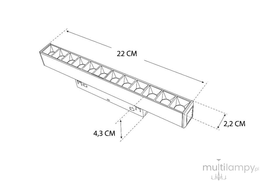 Lampa LED liniowa do szyny magnetycznej, czarna, o wymiarach 22 cm długości, 4,3 cm szerokości i 2,2 cm wysokości. Zawiera osiem źródeł światła, idealna do oświetlenia wnętrz.