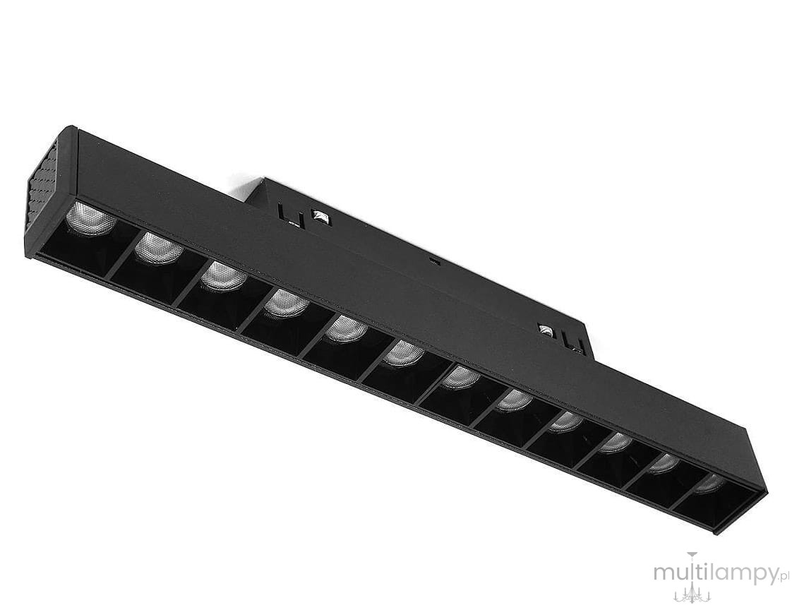 Lampa LED liniowa do szyny magnetycznej w kolorze czarnym, o długości 22 cm i mocy 12W. Posiada osiem okrągłych źródeł światła, zamontowana poziomo, z wyraźnym kloszem na każdym z nich. Barwa światła 4000K, idealna do oświetlenia wnętrz.