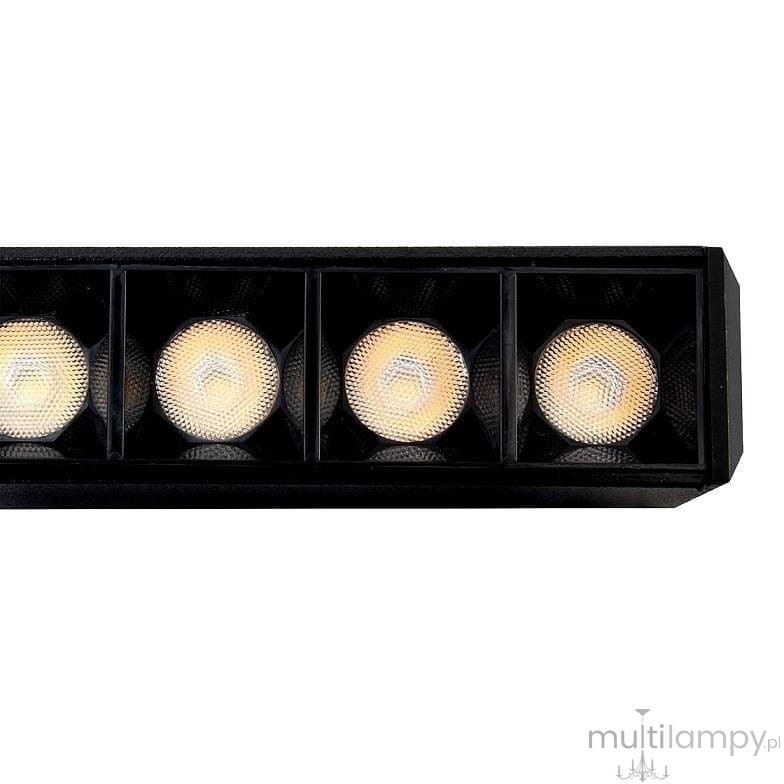 Lampa LED liniowa do szyny magnetycznej w kolorze czarnym, z czterema okrągłymi źródłami światła. Wymiary: 44 cm, moc 24 W, temperatura barwowa 3000 K. Ujęcie frontalne, pokazujące szczegóły konstrukcji i rozmieszczenie diod.