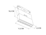 Lampa spot LED do szyny magnetycznej w kolorze czarnym, o wymiarach 11,2 cm długości, 10,2 cm wysokości i 2,3 cm głębokości. Posiada sześć diod LED, emitujących ciepłe światło (3000K). Ujęcie z boku, pokazujące detale konstrukcji.