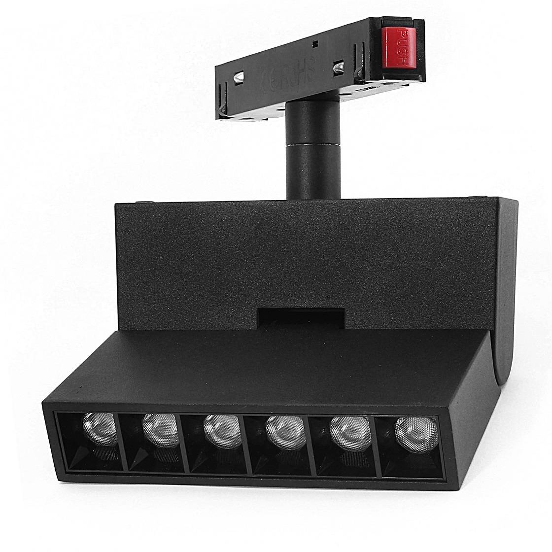Lampa spot LED do szyny magnetycznej L11/6W/4000K w kolorze czarnym. Ujęcie z przodu, pokazujące sześć diod LED oraz uchwyt montażowy. Prosta, prostokątna forma z matowym wykończeniem.