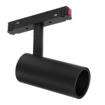 Reflektor spot LED do szyny magnetycznej, kolor czarny, o mocy 7W i temperaturze barwowej 3000K. Ujęcie z boku, pokazujące cylindryczny kształt lampy oraz system mocowania na szynie. Powierzchnia matowa.
