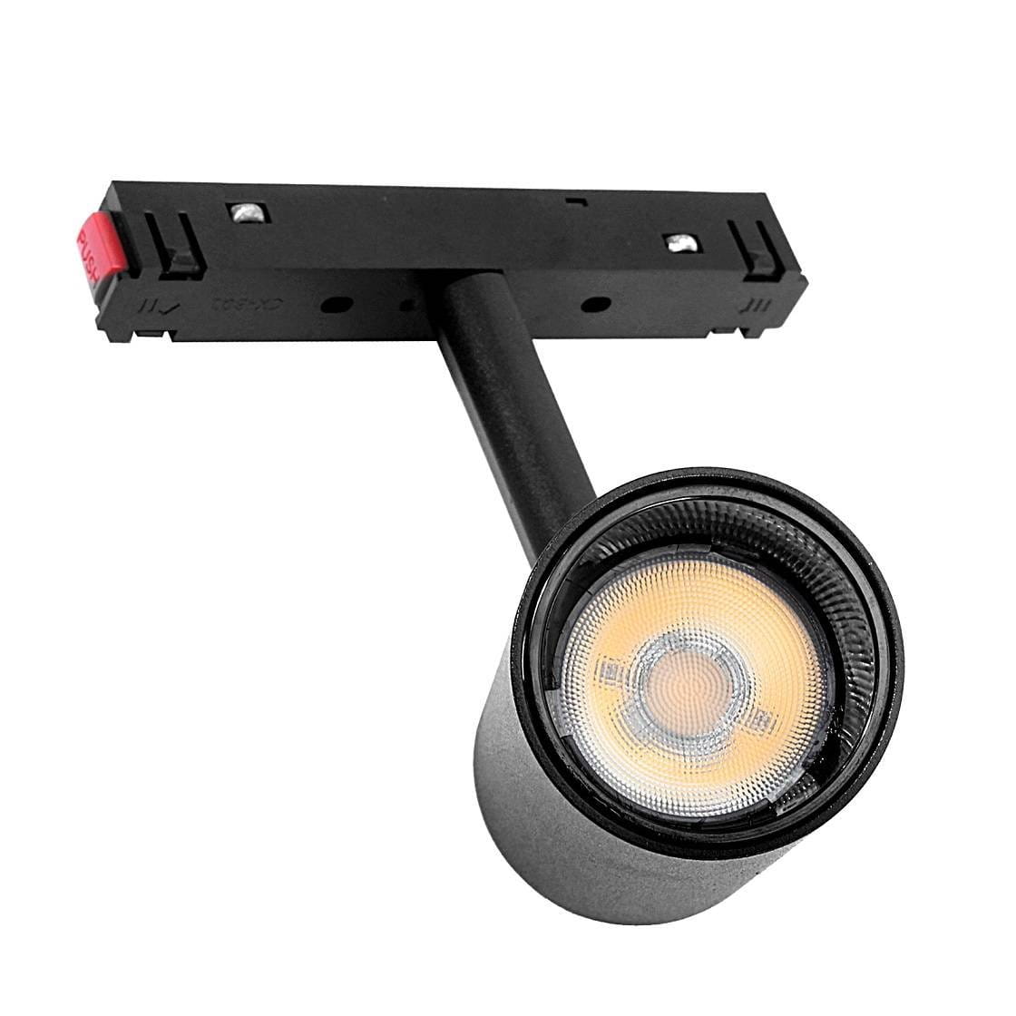 Reflektor spot LED do szyny magnetycznej, moc 15W, barwa światła 4000K, w kolorze czarnym. Produkt widoczny w pozycji wiszącej, z okrągłą głowicą emitującą światło, zamocowany na szynie z widocznym systemem montażowym.