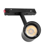 Reflektor spot LED do szyny magnetycznej, moc 15W, barwa światła 4000K, w kolorze czarnym. Produkt widoczny w pozycji wiszącej, z okrągłą głowicą emitującą światło, zamocowany na szynie z widocznym systemem montażowym.