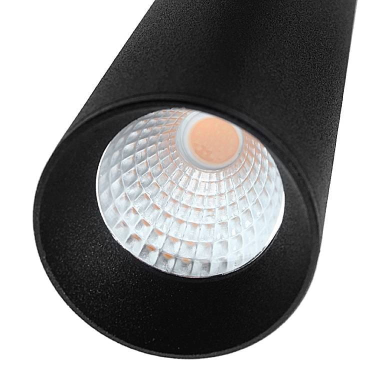 Czarna lampa wisząca Sopel LED do szyny magnetycznej, moc 10W, barwa światła 4000K. Widok z góry na cylindryczny korpus z teksturowanej powierzchni oraz przezroczystą soczewkę z wzorem kratki, ukazującą źródło światła.