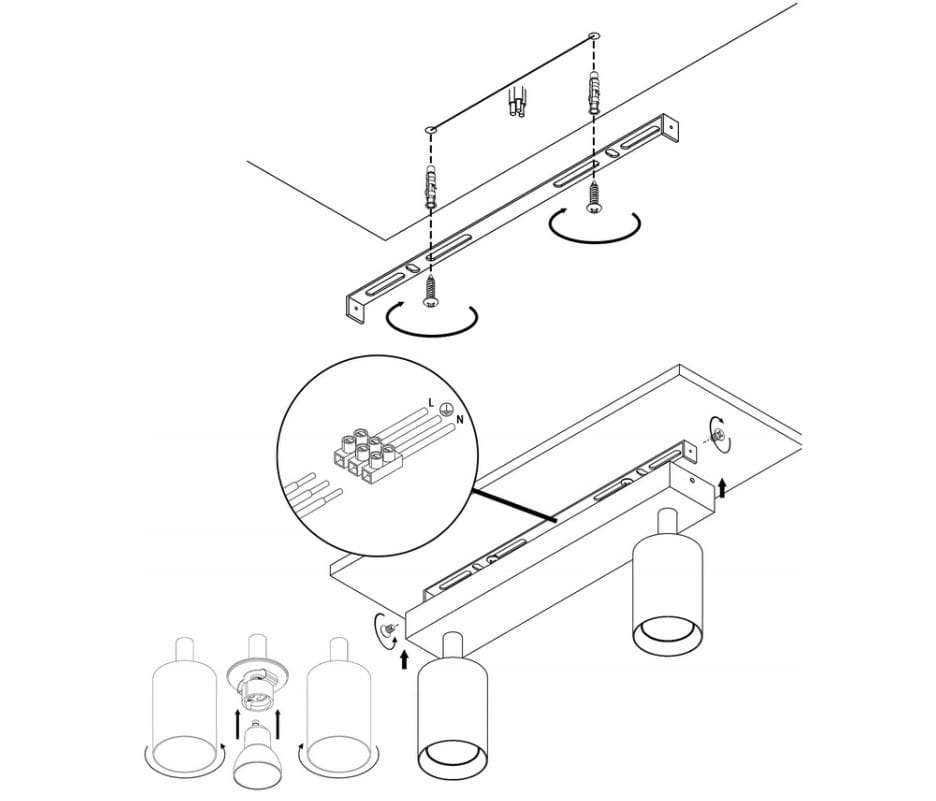 Czarna lampa sufitowa Bardo z dwoma punktami świetlnymi, montowana na podłużnej listwie. Zawiera szczegóły dotyczące instalacji, w tym elementy mocujące i sposób montażu lamp. W zestawie dwa okrągłe klosze.