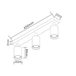 Czarna lampa sufitowa Bardo, 3-punktowa, z chromowanymi reflektorami. Wymiary: długość 450 mm, wysokość 80 mm, szerokość 55 mm. Reflektory o zaokrąglonym kształcie, montowane na prostokątnej podstawie. Idealna do nowoczesnych wnętrz.