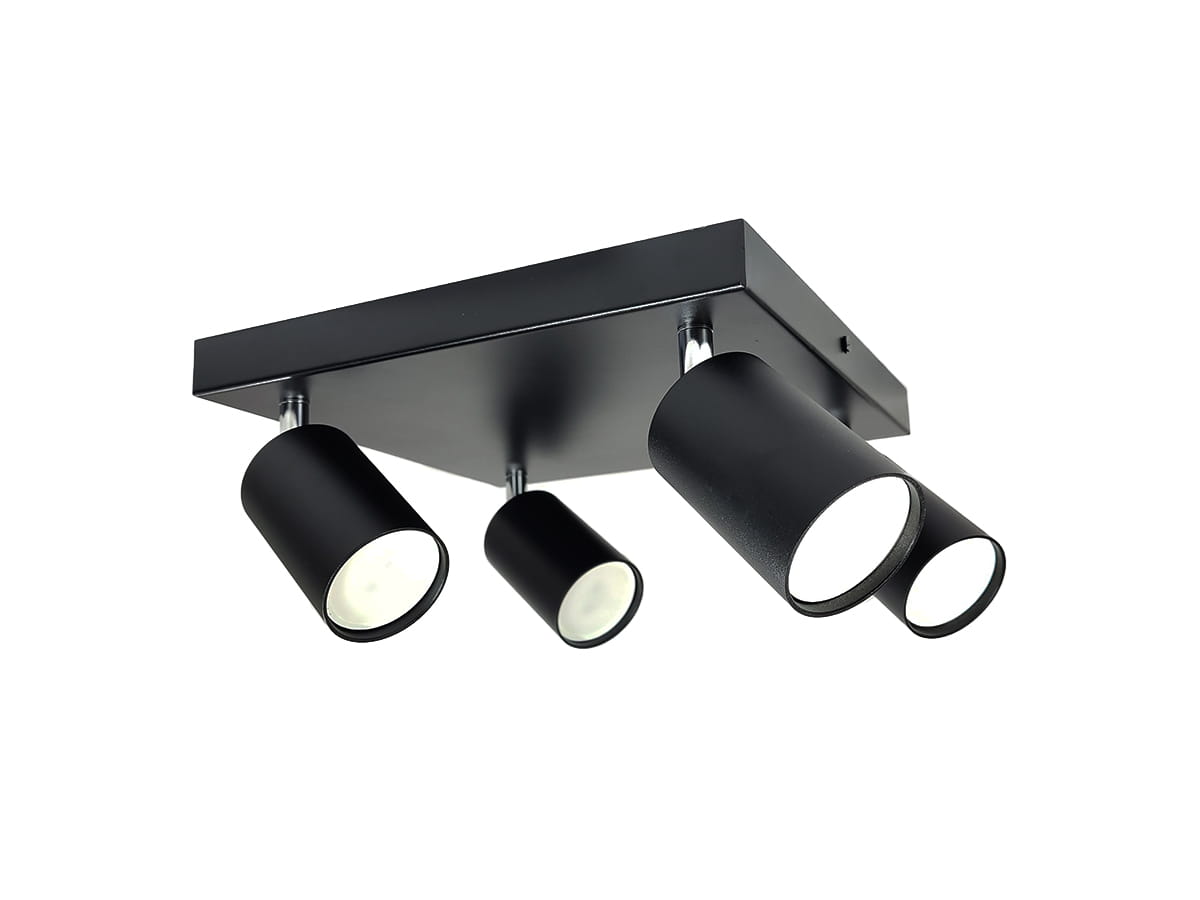 Czarna lampa sufitowa (spot) Bardo z 4 punktami świetlnymi, zamontowana na prostokątnej, matowej podstawie. Reflektory w formie cylindrów z chromowanymi detalami, skierowane w różne kierunki, idealna do nowoczesnych wnętrz.