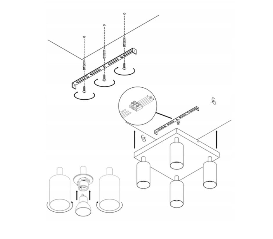 Czarna lampa sufitowa Bardo z 4 punktami świetlnymi. Widok z góry ukazujący montaż, z prostokątną podstawą i okrągłymi kloszami. W komplecie elementy mocujące i detale konstrukcyjne. Idealna do oświetlenia nowoczesnych wnętrz.