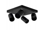 Czarna lampa sufitowa Bardo z czterema reflektorami, zamocowana na kwadratowej podstawie. Reflektory mają cylindryczny kształt i są z regulowanym kątem świecenia. Metaliczna chromowana wykończenie na mocowaniach.