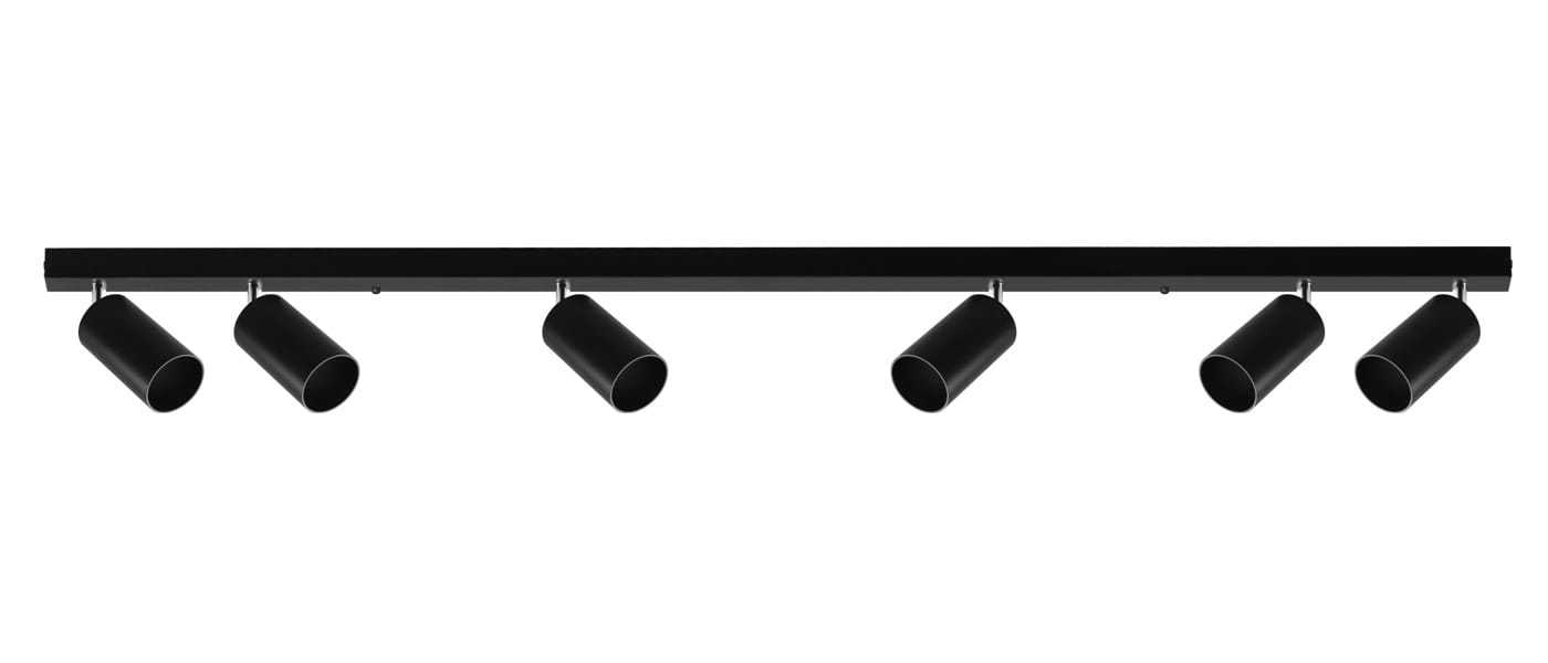 Lampa sufitowa Bardo, 6-punktowa, w kolorze czarnym z chromowanymi detalami. Posiada prostokątną podstawę z sześcioma cylindrycznymi reflektorami, zawieszonymi na metalowych przegubach, co umożliwia ich regulację. Zainstalowana na gładkim tle.