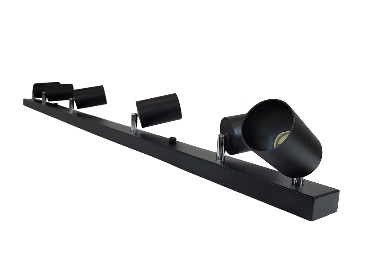 Lampa sufitowa Bardo 6-punktowa w kolorze czarnym z chromowanymi detalami. Oświetlenie w formie prostokątnej listwy z ruchomymi spotami, umieszczona poziomo. Wykonana z metalu, idealna do nowoczesnych wnętrz.