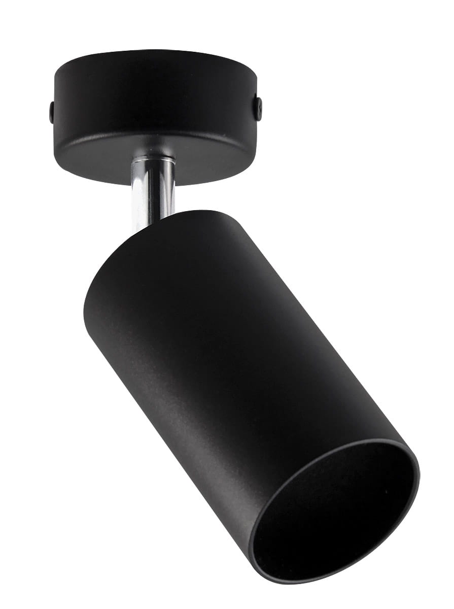 Czarna lampa sufitowa Bardo w formie pojedynczego spotu. Cylindryczny korpus z matowego metalu, zamocowany na chromowanej podstawie. Ujęcie z dołu, ukazujące detale konstrukcji oraz wykończenie.